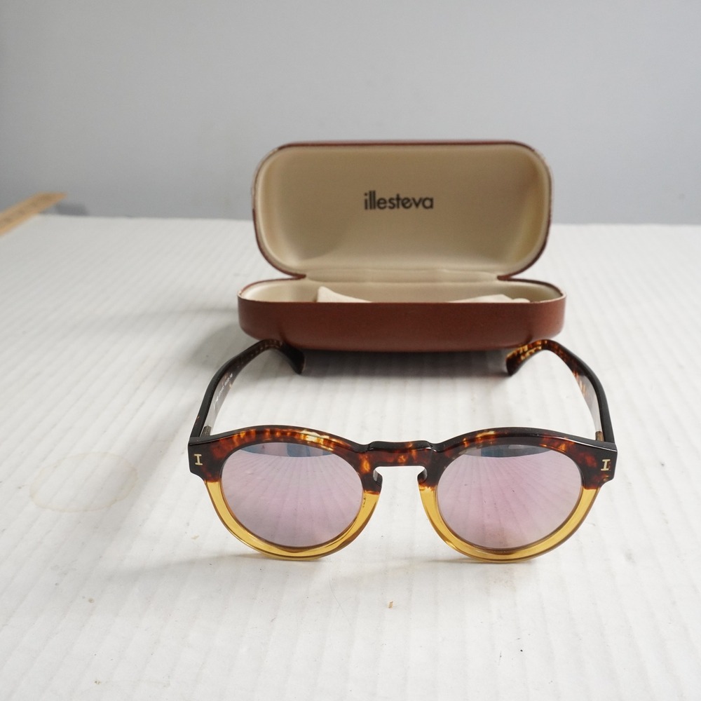 Illesteva Leonard Round Sunglasses Tortoise Amber Rose Mirror Lens Italy Luxury
